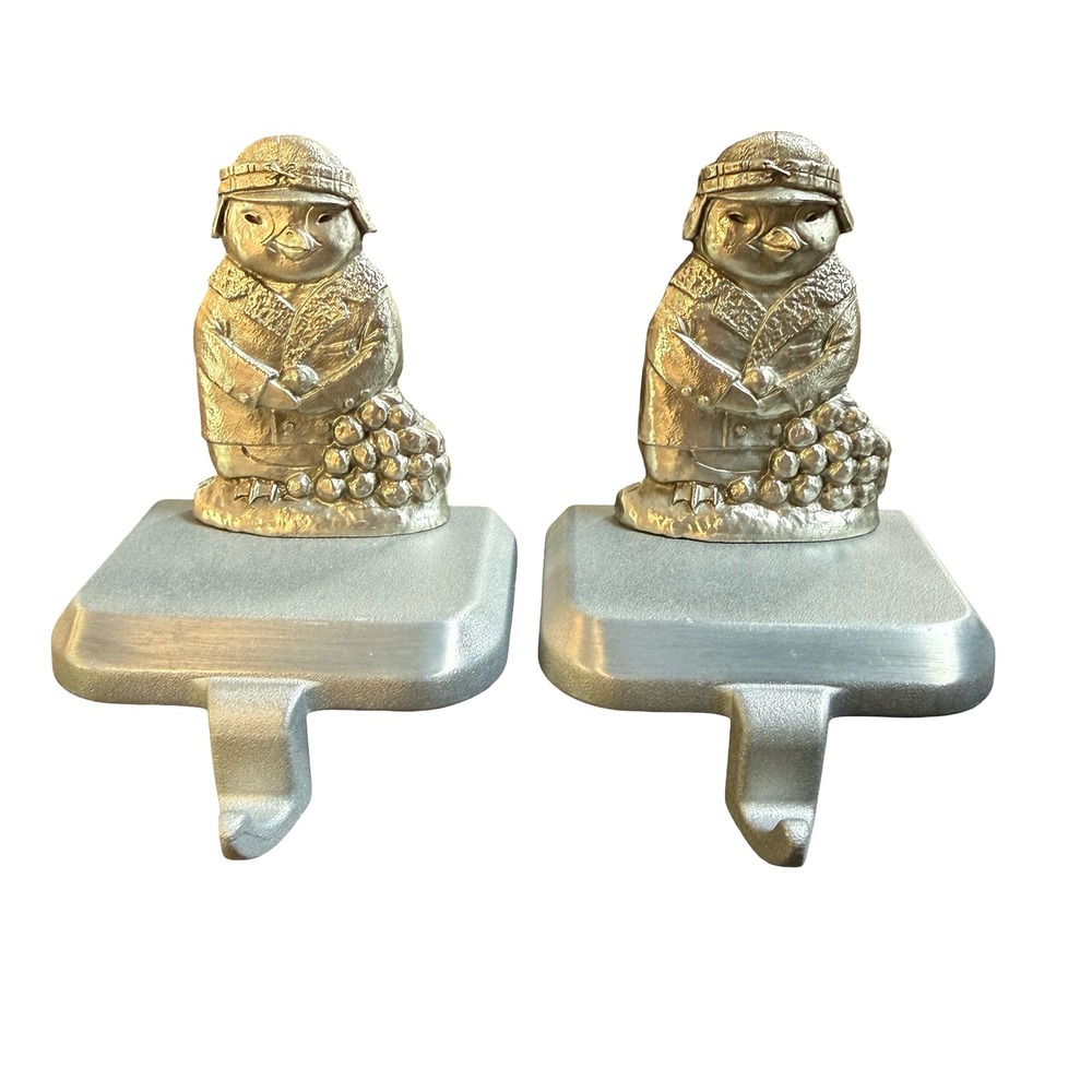 Lands End Pewter Silver Penguin Snowball Christmas Stocking Holders Mantel Decor